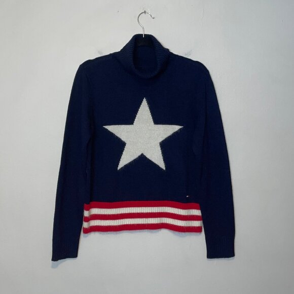 Vintage Tommy Hilfiger Star Pattern Navy Wool Blend Turtleneck Sweater Size L - Picture 2 of 6